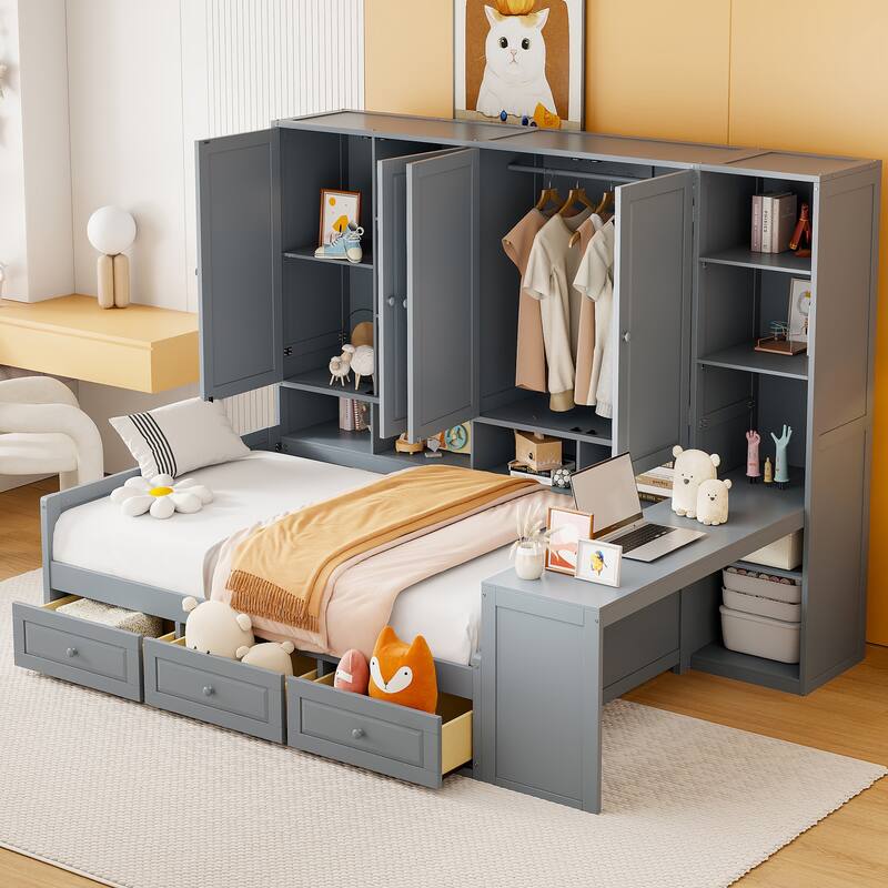 Wooden Daybed Frame All-in-One Bookcase Captains Bed with Storage Cabinet, Wardrobe, Side Writing Desk and 3 Bottom Drawers - Gray - Full