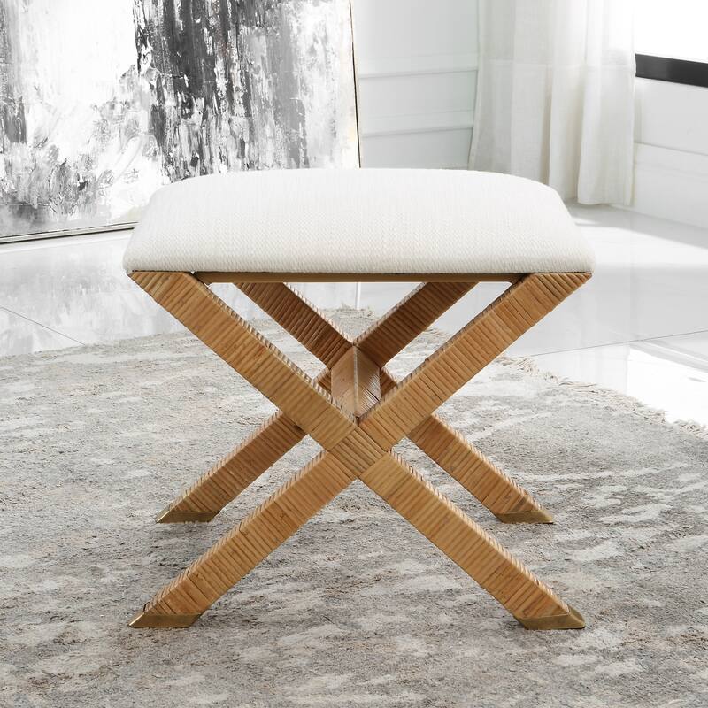 Upholstered Rattan X Shaped Base Small Bench - 19" - White and Brown