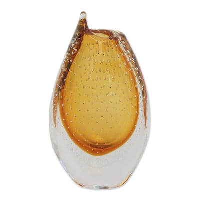 Handmade Amber Drop Art glass vase (Brazil)