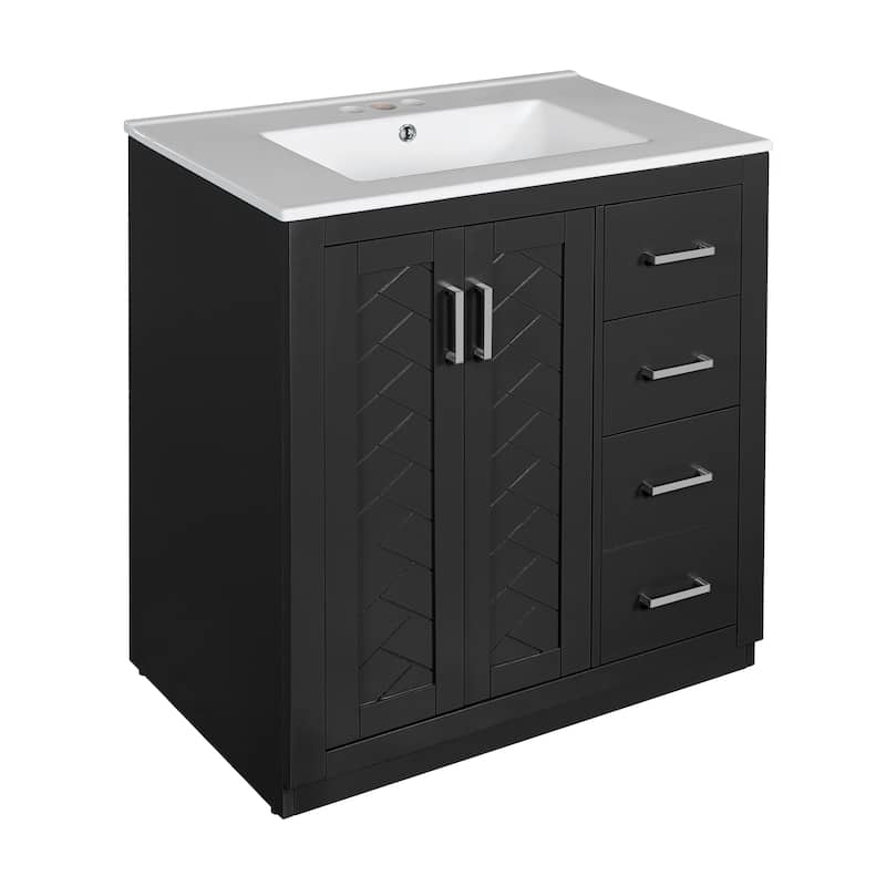 30"Bathroom Vanity with Ceramic Sink,Solid Wood Storage Cabinet,Freestanding Vanity Set with 3 Drawers& Soft Closing Doors