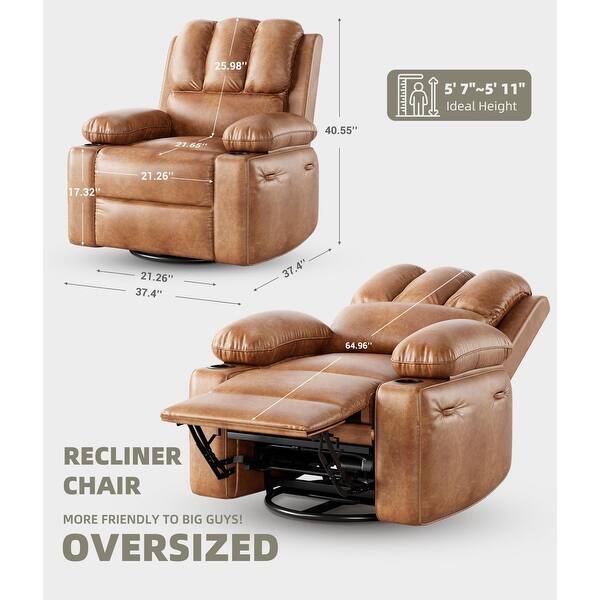 dimension image slide 1 of 5, 37.4" Oversized Manual Recliner with Heat and Massage, 360 Swivel Rocking Chair 21.3" Seat with Cup Holder