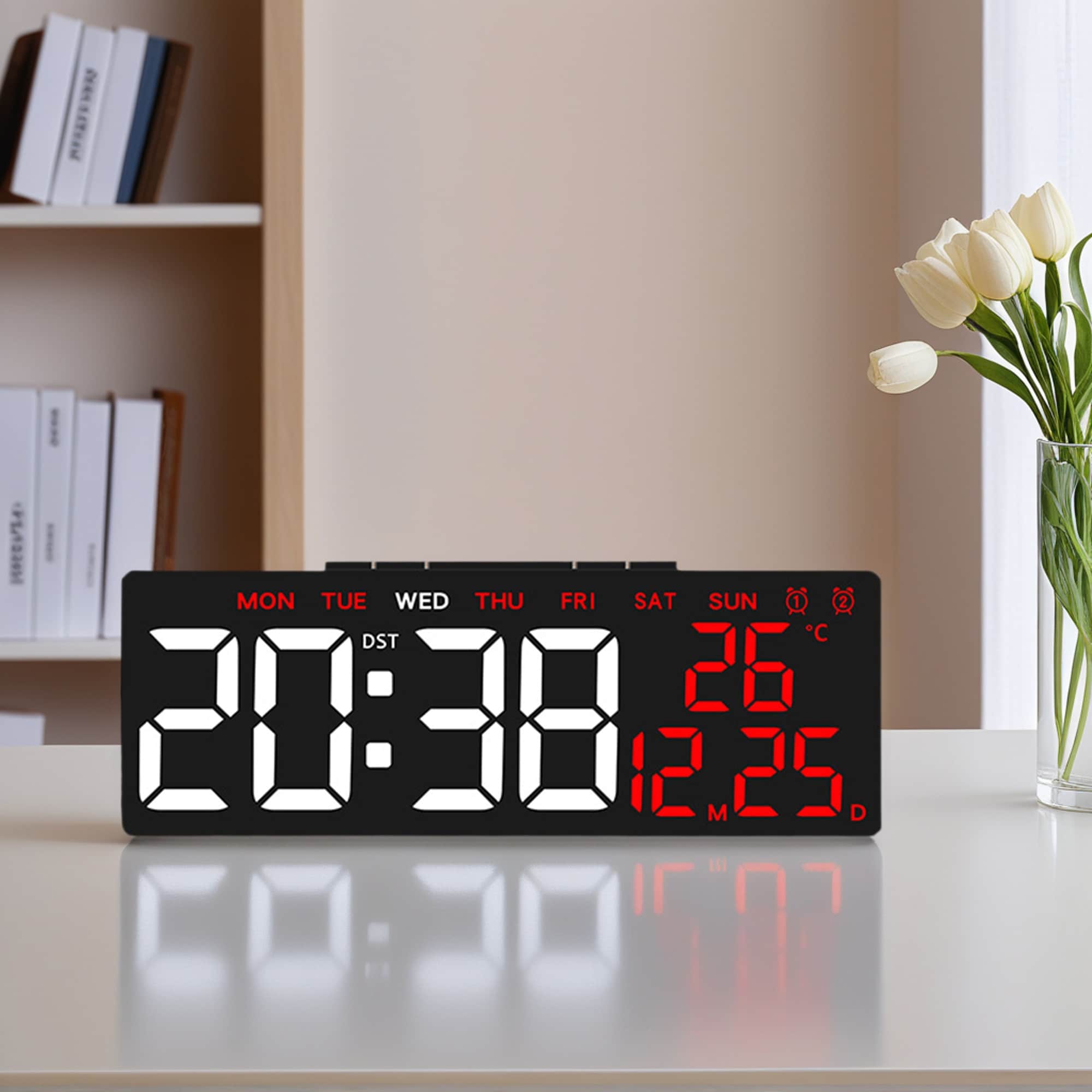Dimmable LED Alarm Clock 3-Level Brightness, Dual Alarms, Snooze Function, Fits Bedside Table - 7.1"L x 1.4"W x 2.6"H