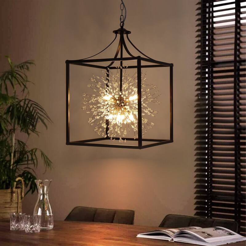 8-Light Mid-Century Modern Square Caged Linear Crystal Chandelier Sputnik Starburst Pendant Light
