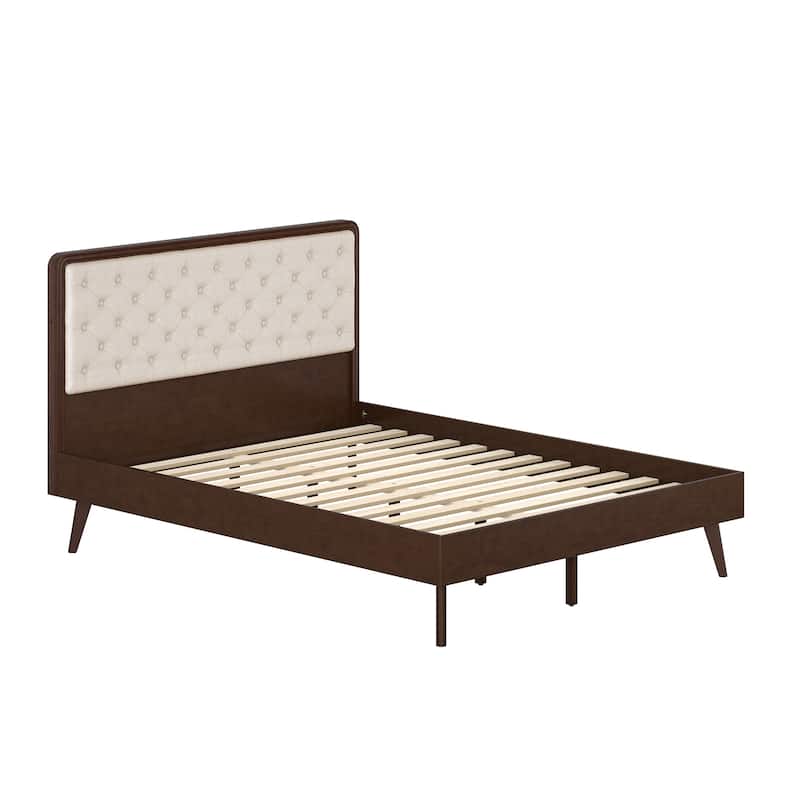 Solid Wood Full/Queen/King Size Platform Bed Frame with Upholstered Tufted Headboard