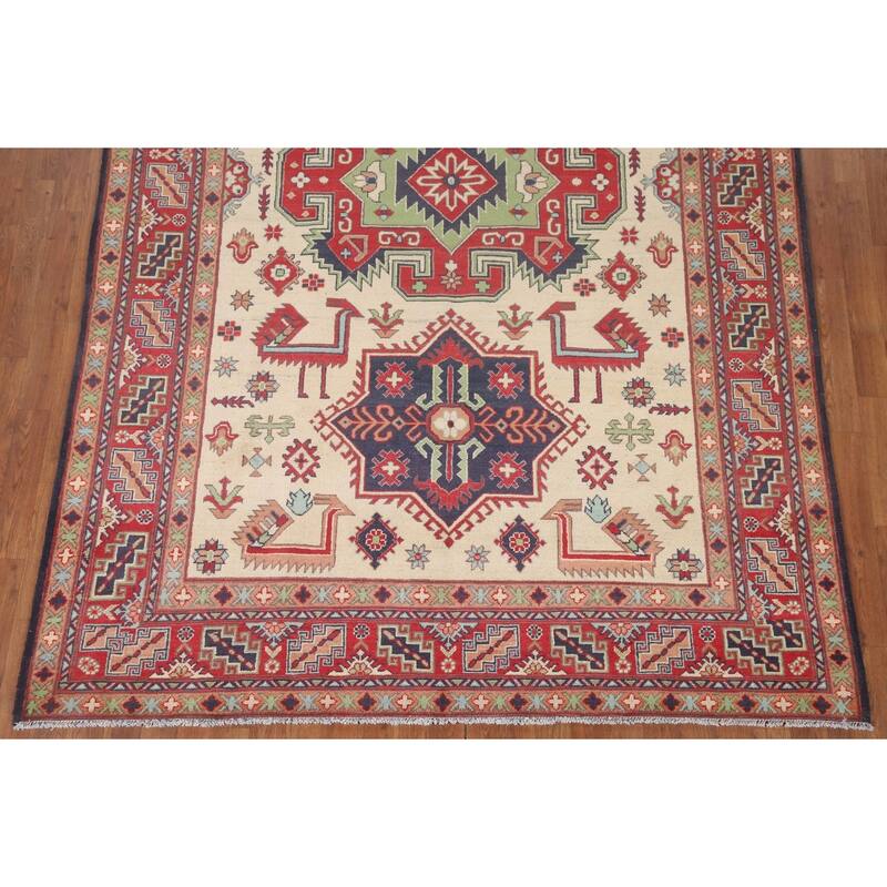 Hand Knotted Oriental 100% Wool Carpet Traditional Geometric Beige & Ivories Kazak Area Rug - 9' 10'' X 6' 5''