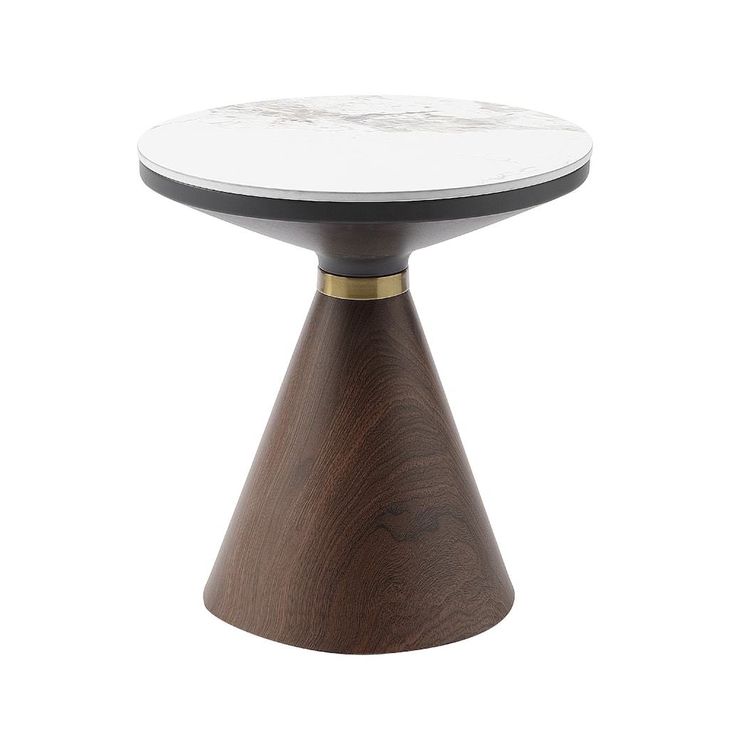 Ryea Side End Table, White Sintered Stone Top, Conical Base 20 Inch