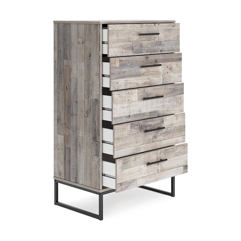 Vyne 51 Inch Tall Dresser Chest, 5 Drawers, White Woodblock, Black Metal