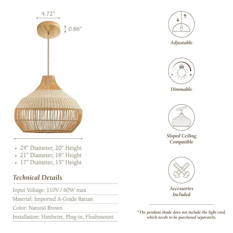 Beatrice Brown Rattan Pendant Light Fixture for Dining, Living Room, or Kitchen Island in Modern Farmhouse and Coastal Style