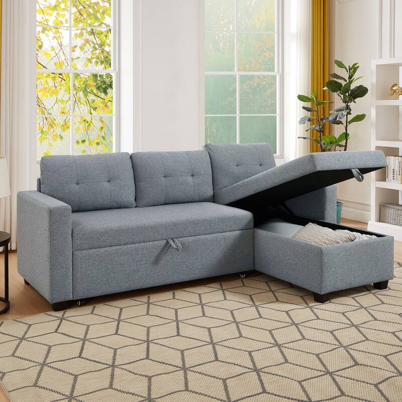 Modern Upholstered Pull Out Sectional Sofa with Storage Chaise
