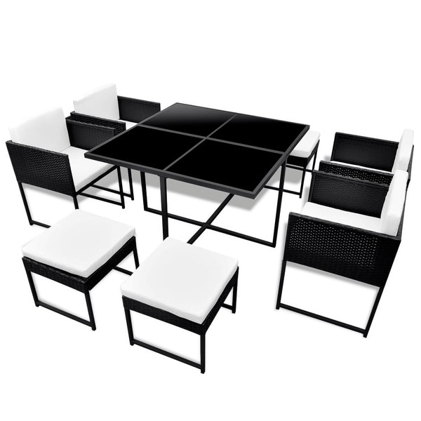 vidaXL 9 Piece Patio Dining Set with Cushions Poly Rattan Black