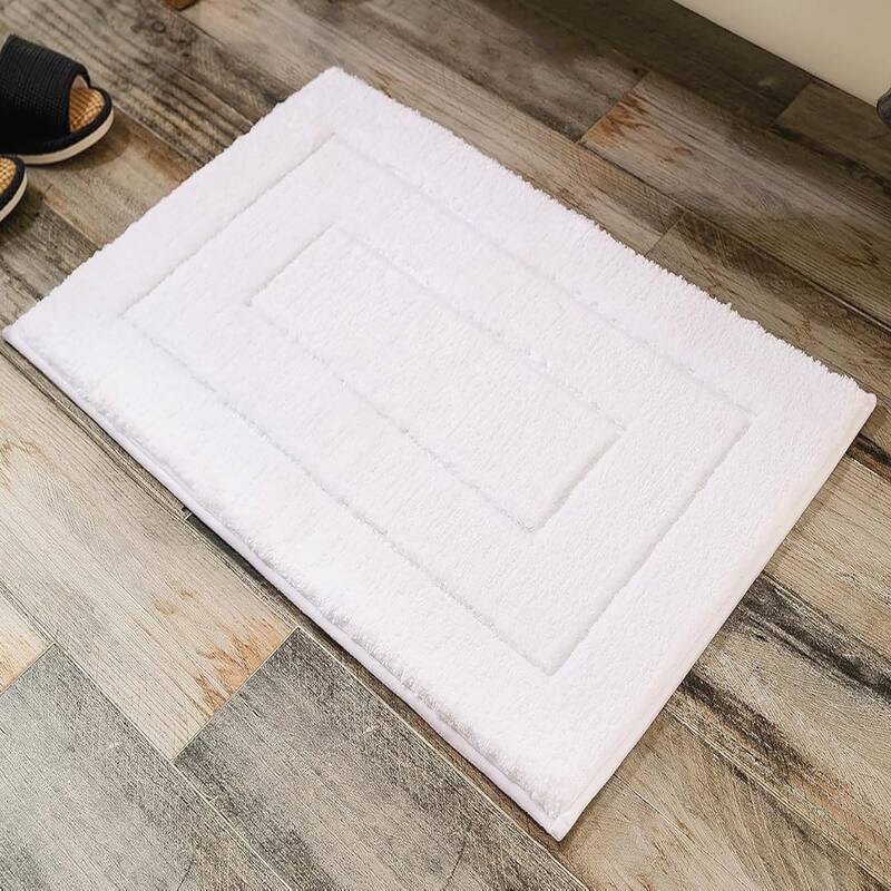 White 2 Piece Bordered Box Plush Soft Cozy 100% Polyester Bath Mat Set