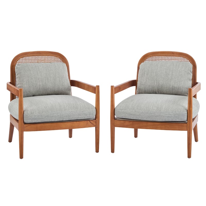 Roomfitters Mid-Century Accent Chair with Walnut Wood Frame & Rattan Back, Striped Cushion, Set of 2
