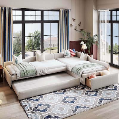 Beige Upholstered Twin Size Daybed with Trundle Bed and Drawers Corner Double Bed L-shape Sofa Bed Frame for Multiple