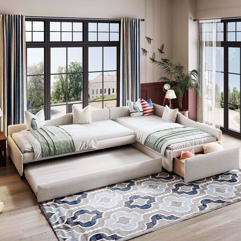 Upholstered Double Twin Size Daybed, Linen Fabric L Shaped Sofa Bed Frame with Pull Out Trundle Bed and Storage Drawers