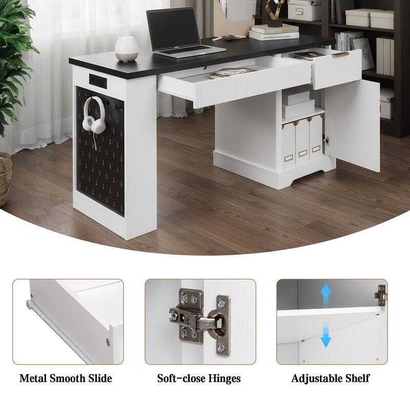 Roomfitters 55" Modern Fluted Office Desk with Charging Station, Storage Cabinet & Pegboard
