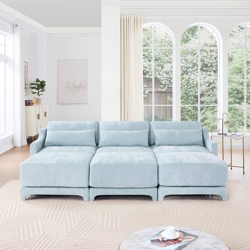 Modern Chenille 4-Seater Sofa with 2 Ottoman, Lumbar Cushions, Ergonomic Backrest, High-Resilience Spongeand Tufted Armrests