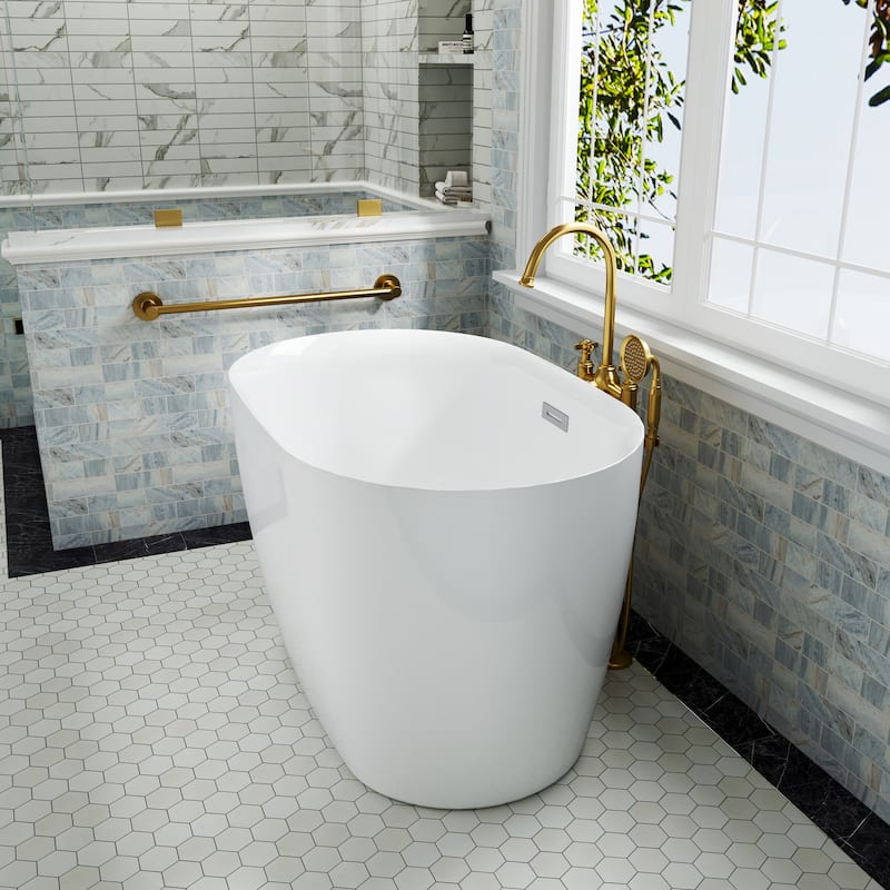 43 in. Freestanding Acrylic Japanese Soaking Bathtub, Oval Compact Space-Saving Design with Included Drainer