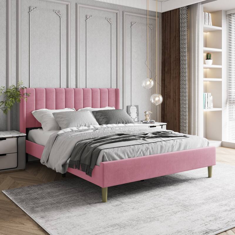 Aufank Bed Frame Upholstered Platform with Wooden Slats, Noise-Free