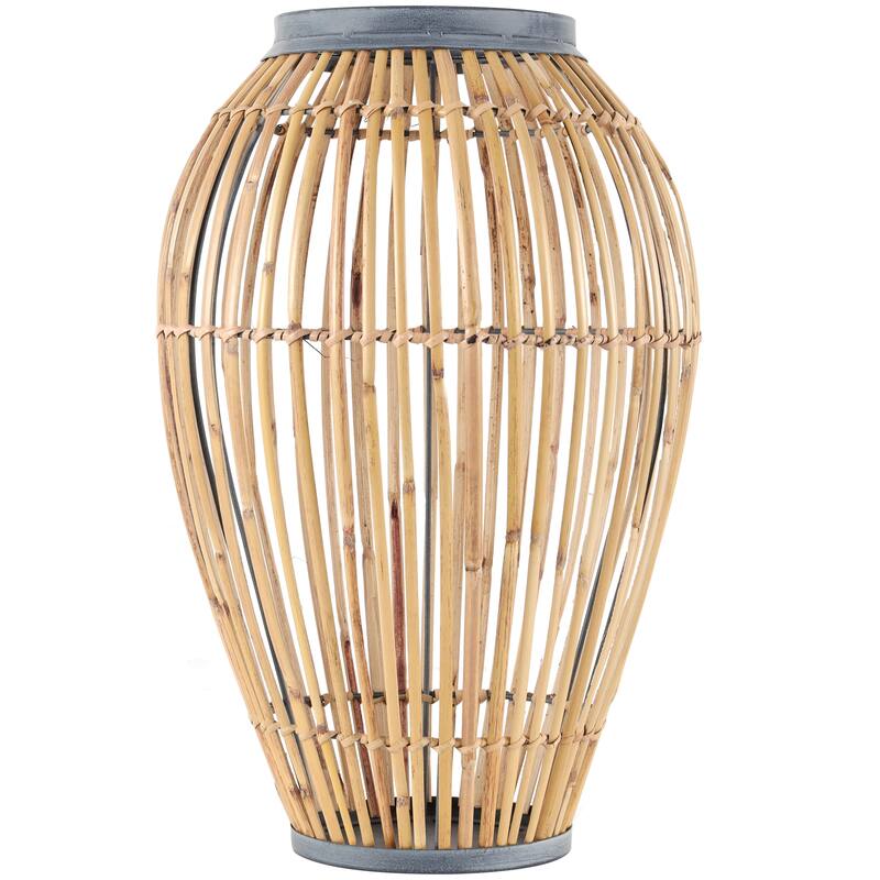 Brown Bamboo Wood Handmade Open Frame Decorative Vase with Blue Metal Accents