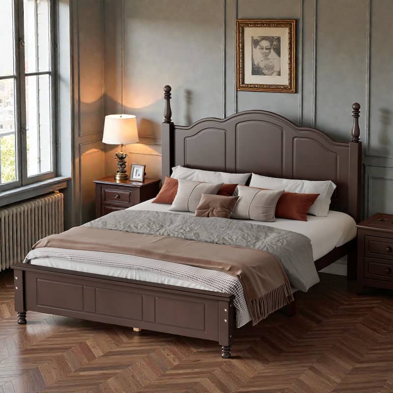 Retro Wood Platform Bed Frame with Headboard, Full Queen Bed with Wooden Slat Support, No Box Spring