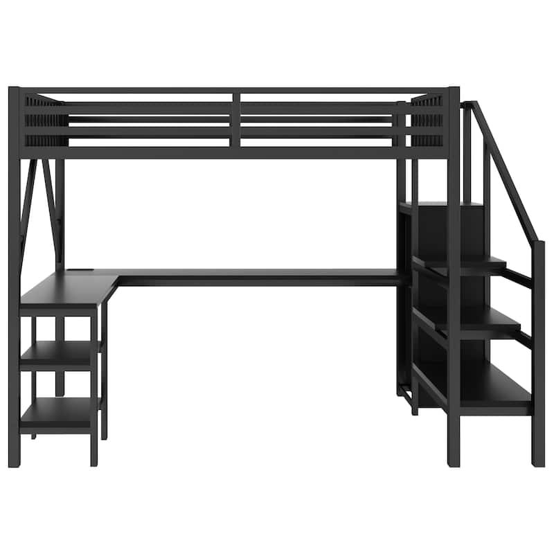 Metal Full Loft Bed with Wardrobe and LED Light, Full Size Loft Bed with L Shaped Desk and USB for Kids Teens Adults