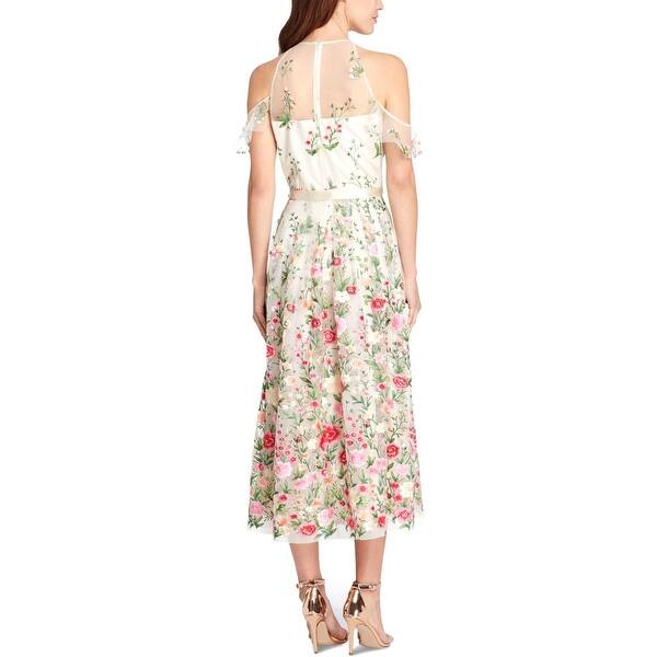 Shop Tahari Asl Womens Midi Dress Cold Shoulder Embroidered