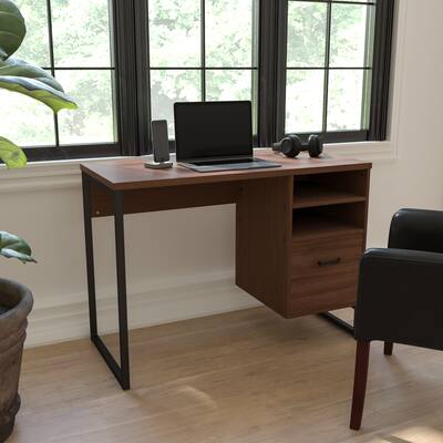 Rustic Coffee Wood Grain Finish Computer Desk with Metal Frame