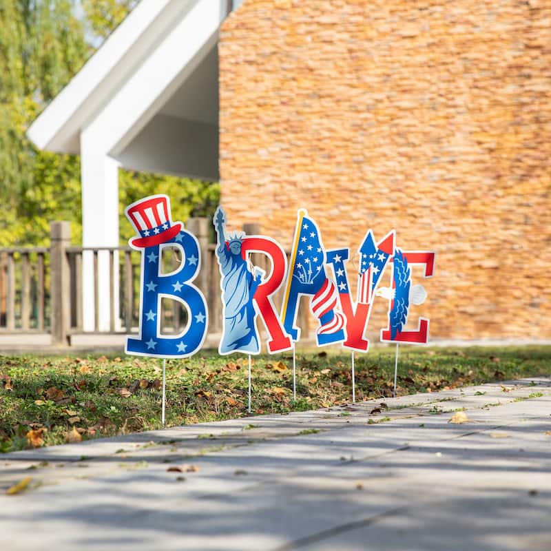 Glitzhome Set of 5 Patriotic/Americana BRAVE Yard Stake or Wall Decor - Multi