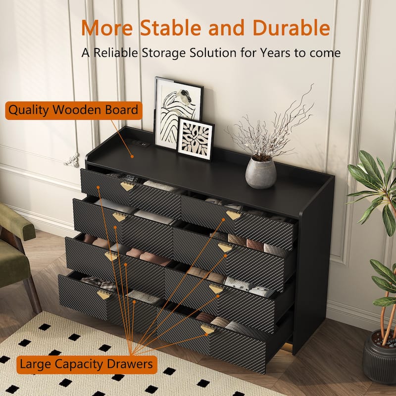 8 Drawer Double Dresser for Bedroom,Modern Dressers Chest of Drawers with Fluted Panel,Black