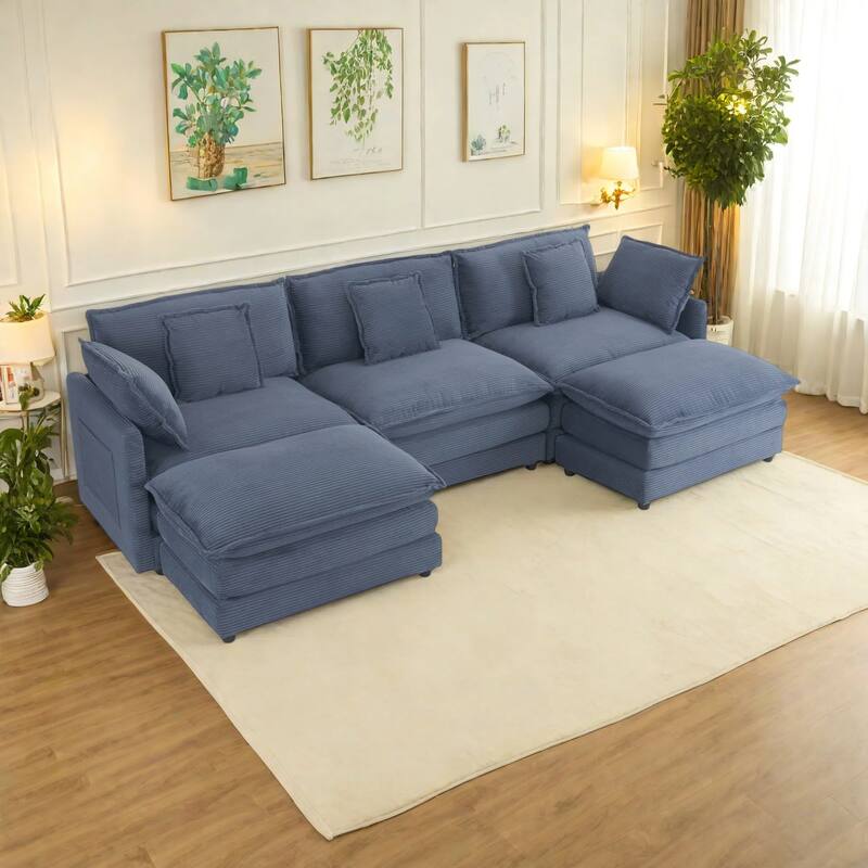 112.6" Corduroy Upholstered U-Shaped Modular Sectional Sofa with Side Storage Pockets