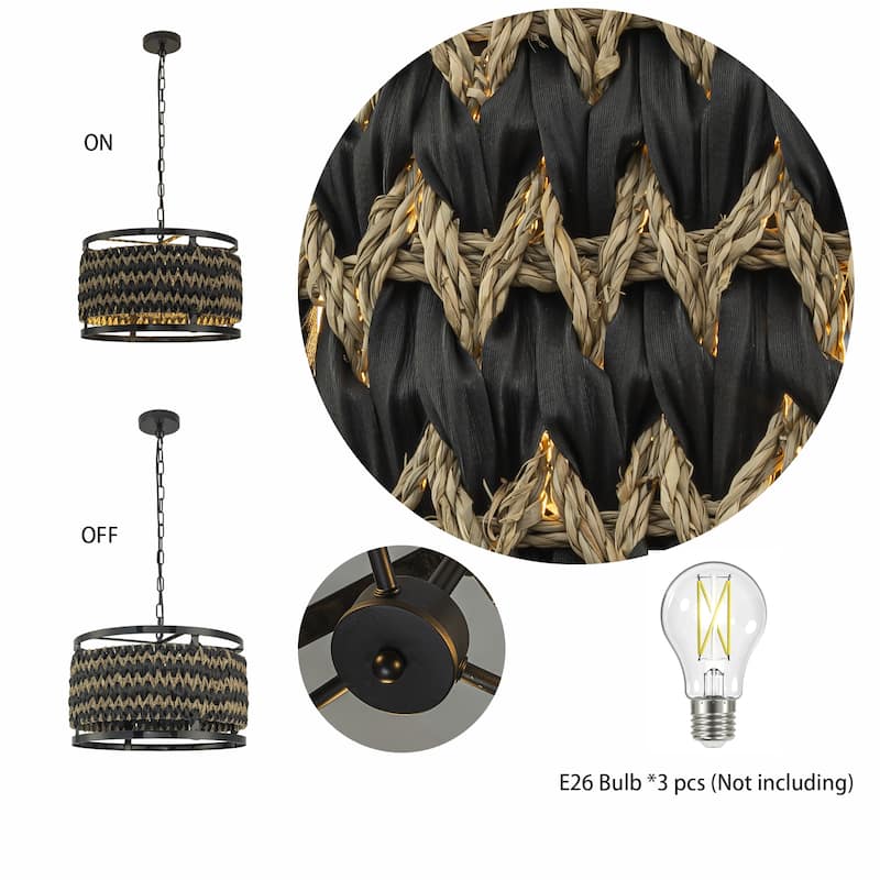 Amara 3-Light Wicker Drum Pendant, Rustic Boho - Handwoven - 18" Wide