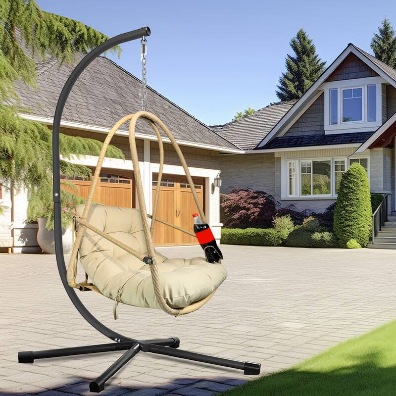 Swing Egg Chair with Stand and Cup Holder, Basket Hanging Chair with Cushion & Pillow Patio Wicker Hanging Chair