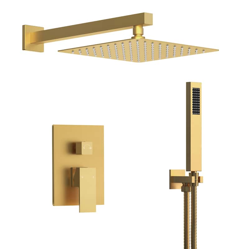 10" Rain Shower Head High Pressure Wall Mount Shower System, Bathroom Shower Faucet Set with Handheld Spray - Brushed Gold