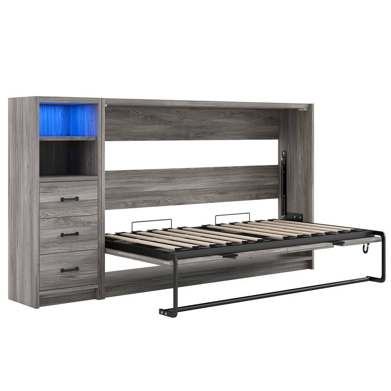 Space-Saving Foldable Twin Bed with Drawers, LED Light, and Cabinet, Gray