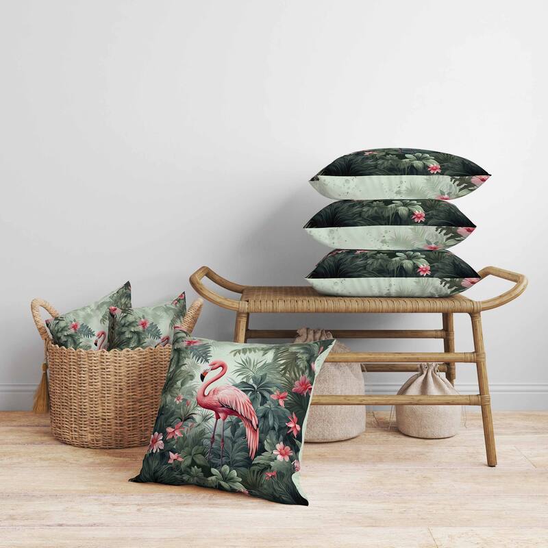 Tropical Flamingo Haven Faux Suede Reversible Throw Pillow Green and Pink