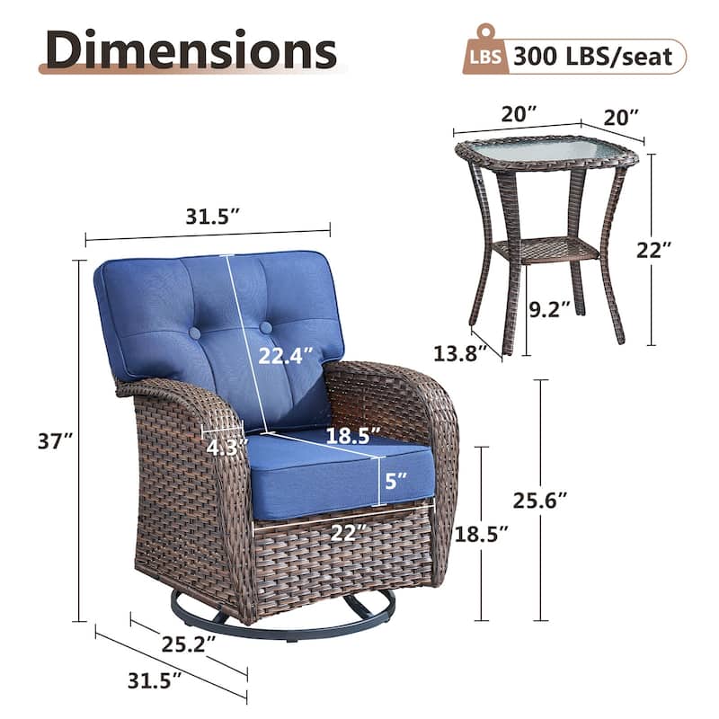 TWrap Brown Wicker Patio 3-Piece Swivel Gliders Conversation Set with 5-Inch Thick Cushions