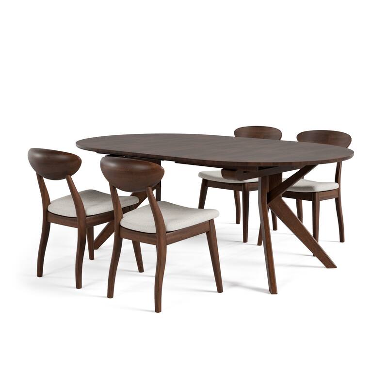Furniture of America Abigail V Mid-Century Modern 5-Piece Rich Walnut Solid Wood Convertible Dining Set with Butterfly Leaf