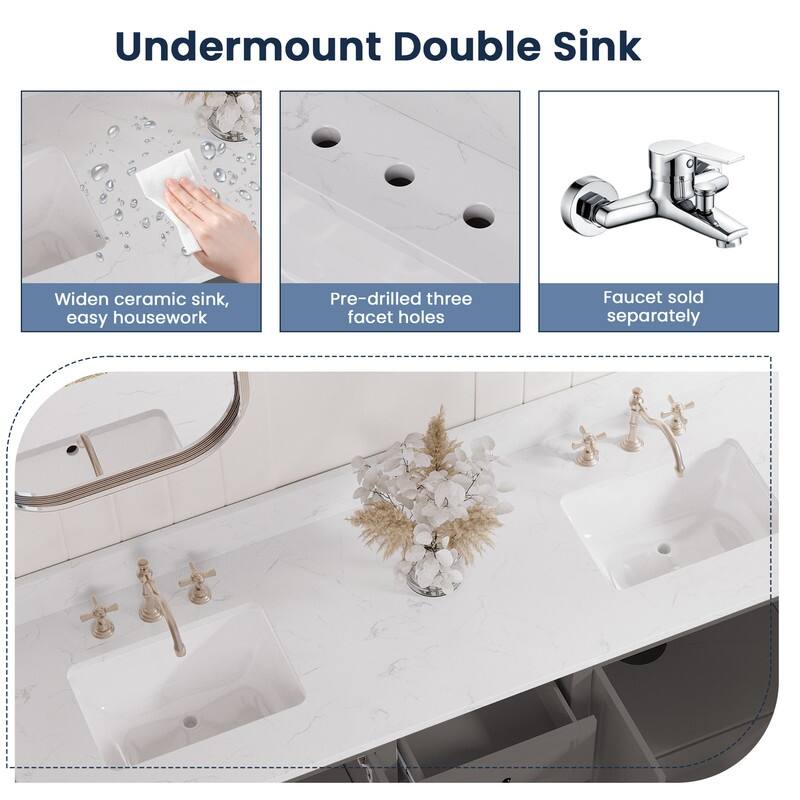 72-Inch Elegant Solid Wood Bathroom Vanity with Ceramic Top, Double Sinks, and Ample Storage