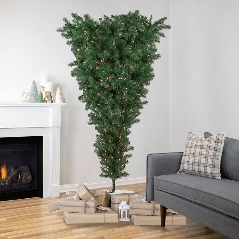 7.5' Green Upside Down Spruce Artificial Christmas Tree, Clear Lights - 7.5 Foot