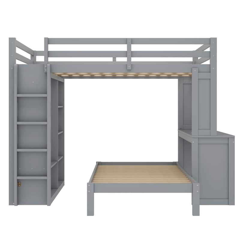 Queen Size Loft Bed & Twin Size Platform Bed Set, Wood Bunk Bed with Built-in Desk, Open Shelves and Wardrobe, Queen Over Twin