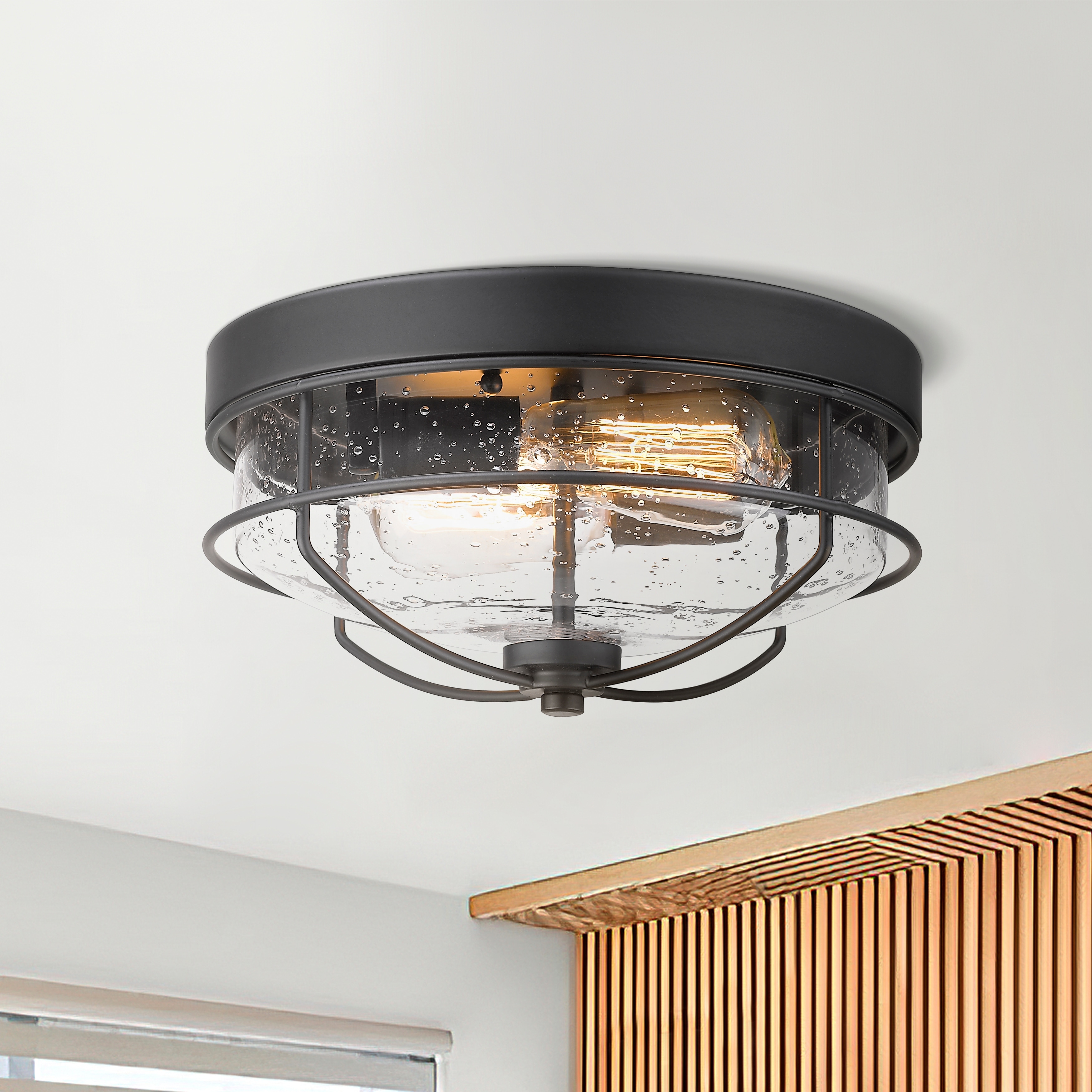 Flush Mount Ceiling Light Industrial Farmhouse Fixture with Seeded Glass Shade