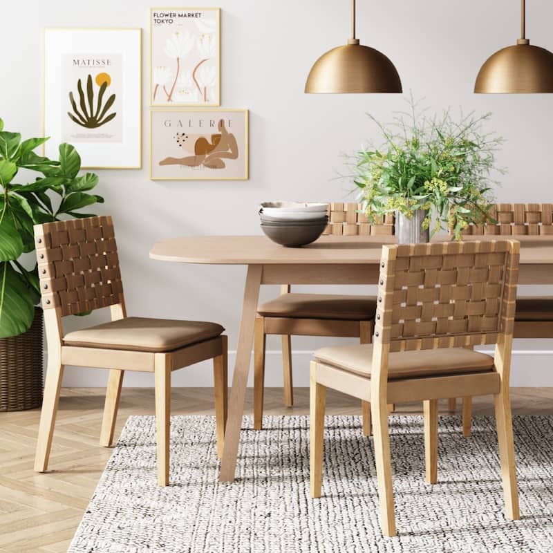 Cohen 19 in. Wood Dining Chair, Mid-Century Modern Upholstered Side Chair with Hand Woven Faux Leather Backrest