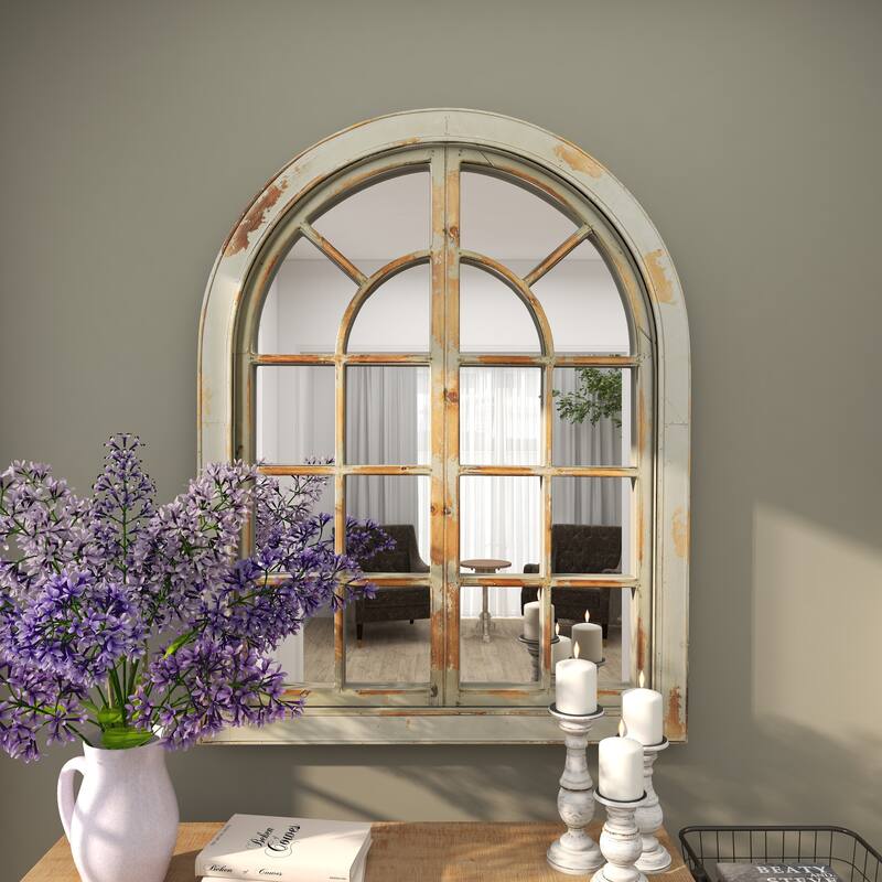 Gray Wood Window Pane Inspired Room Wall Mirror with Arched Top and Distressing