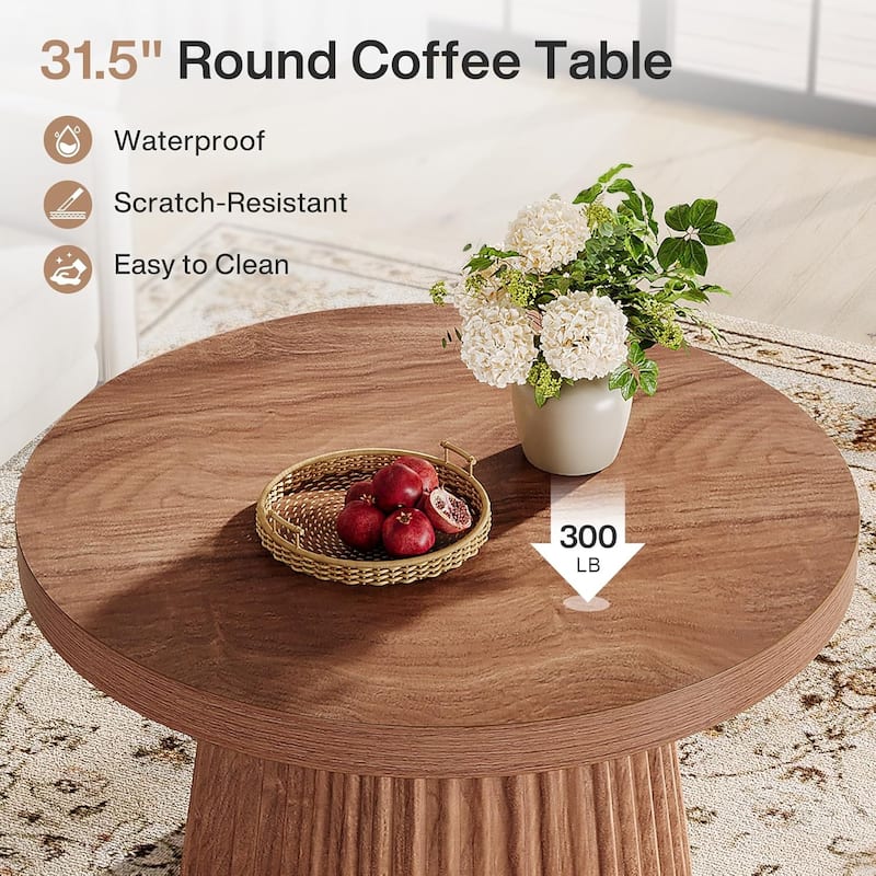 31.5" Round Modern Coffee Table Center Table with Fluted Drum Base - 31.5"W x 31.5"D x 17.7"H