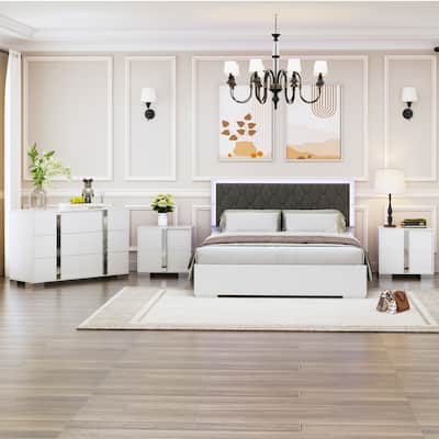 Complete Bedroom Set 4 Pieces Bedroom Sets Queen Size Upholstered Bed Frame with Nightstands and Dresser
