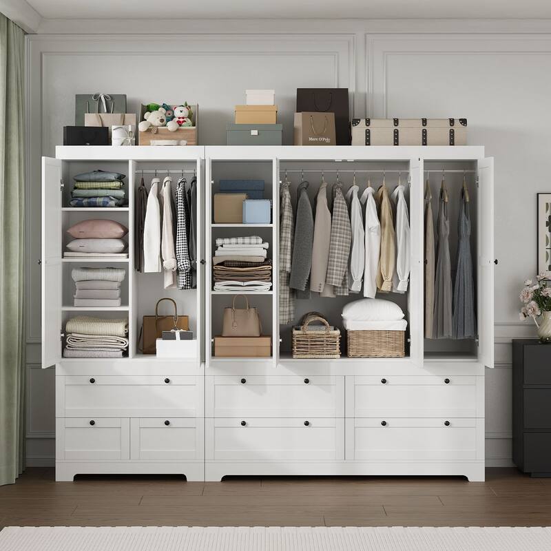 Gyomojoy Large White Wardrobe Closet with Drawers & Doors, Modular Armoire with Hanging Rods, Apartment & Dorm Storage