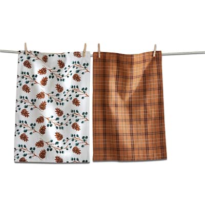 Pinecone Sprig Dishtowel Set of 2 - Brown Cotton Kitchen Towels, Everyday Use, Machine Wash, 26" x 18"
