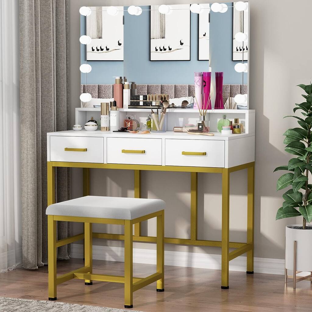 Makeup Vanity with Rotating Mirror and 13PCS LED Bulbs, Cushioned Stool & 3 Drawers