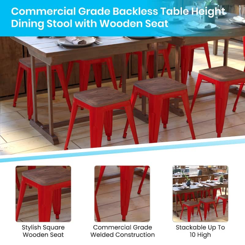 Set of 4 18" Table Height Indoor Stackable Metal Stool with Wood Seat