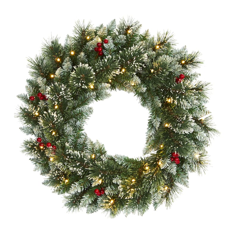 24" Frosted Swiss Pine Wreath with 35 Clear LED Lights and Berries